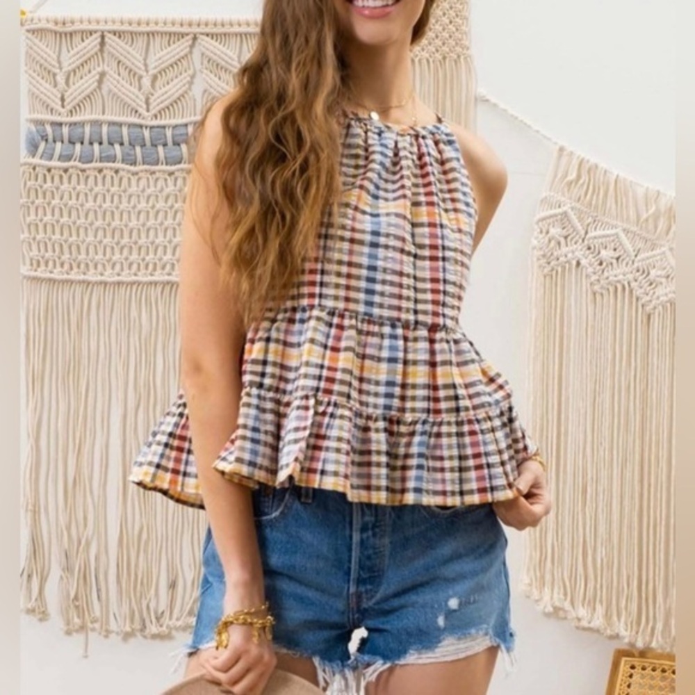 Blu Pepper Tan Multi Checked Gingham Tiered Cami Blouse Top Boho NWT L #2301